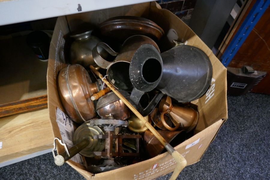 Box of mixed metalware to include brass, copper, riding crop, brass candle sticks, etc