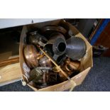 Box of mixed metalware to include brass, copper, riding crop, brass candle sticks, etc