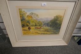 A modern watercolour of cows in landscape by Trevor Glover, and one other small watercolour by Peter