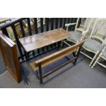 Vintage iron framed oak folding duet desk with inkwells and copper covers 'Kingfisher Ltd, West Brom