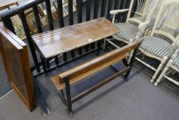 Vintage iron framed oak folding duet desk with inkwells and copper covers 'Kingfisher Ltd, West Brom