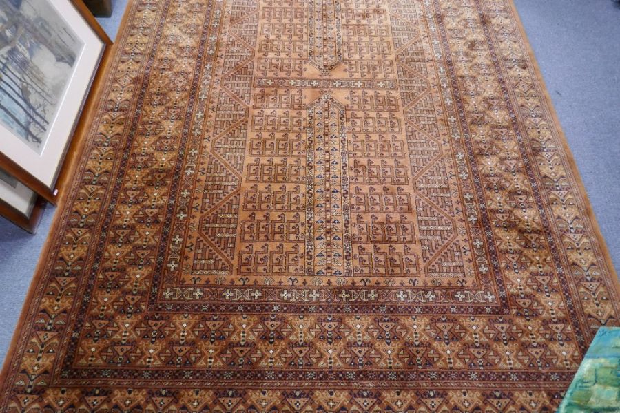 Large Middle Eastern style burnt orange geometric design carpet, 300cm x 200cm