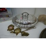 A small selection of brass figures of animals and silver plated lidded tureen