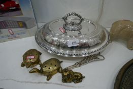 A small selection of brass figures of animals and silver plated lidded tureen