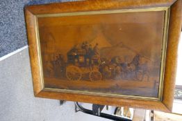 A pair of burr Walnut framed prints depicting Coach & Horse scenes