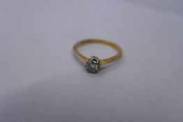 18ct yellow gold solitaire diamond ring set in platinum mount, approx 0.20carat, claw setting marked