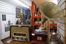 A HMV gramophone and a Bakelite 'Strad' radio