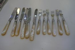 A quantity of six Victorian silver and Mother of Pearl forks and six silver and Mother of Pearl kniv