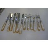 A quantity of six Victorian silver and Mother of Pearl forks and six silver and Mother of Pearl kniv