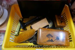 Set of treen including a box of mixed silver plated items including candlesticks, jugs, coffee pot,