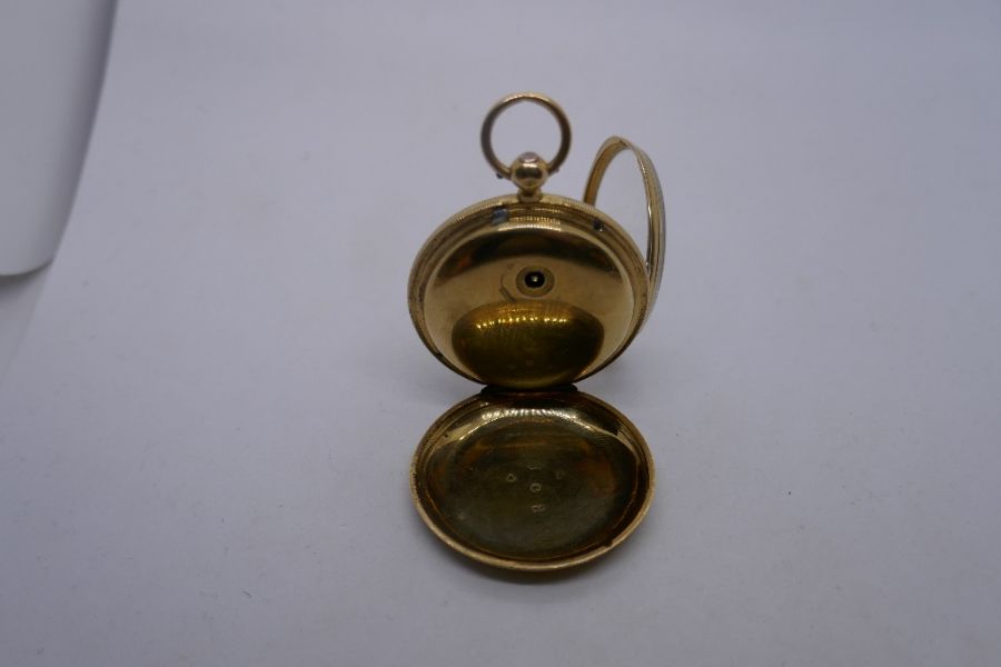 18ct yellow gold ladies fob watch with decorative engraved face, maker J Bell, London, number 16007, - Image 7 of 10