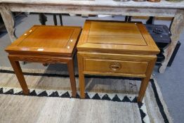 A modern Chinese style side table having one drawer and a similar square coffee table