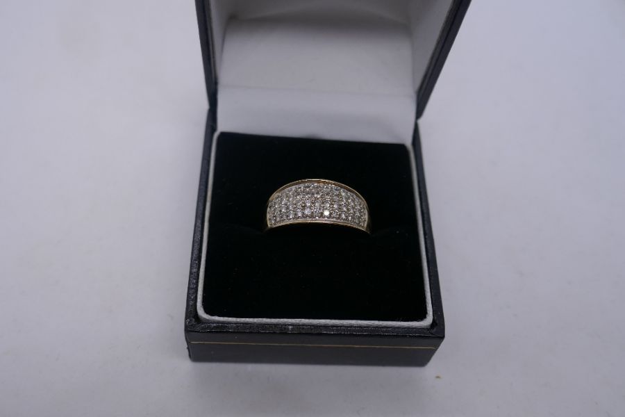 9ct contemporary band ring set with 4 rows of diamond chips, size Q, approx 3g, marked 375 - Image 3 of 6