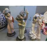 Lladro, three Geisha girls to include No.s 4989 and 4990, and one other figure of two dancers
