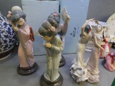 Lladro, three Geisha girls to include No.s 4989 and 4990, and one other figure of two dancers