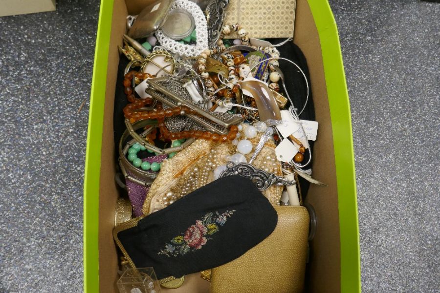 Box of costume jewellery to include moonstone beads, necklaces, brooches, white metal purse, etc