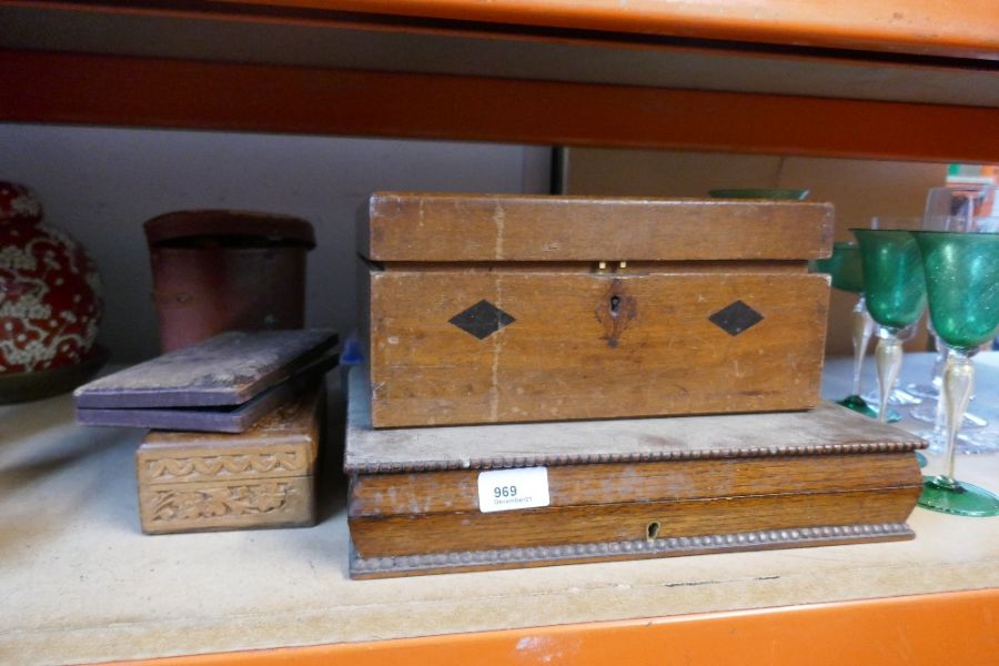 A set of wooden boxes some with cutlery, jewellery making accessories, binoculars and slides