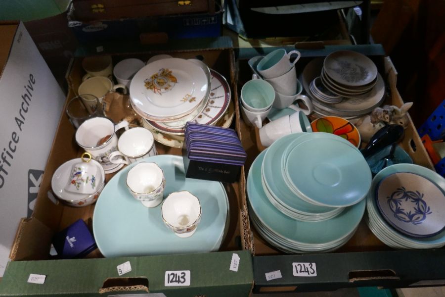 Two boxes mixed China to include Poole Dinnerware, Pair of Minton Cups, Aynsley and other Poole pott