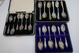 Three cased sets of silver spoons and one 800 spoon. Hallmarks include Sheffield 1937 Roberts and Be