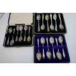 Three cased sets of silver spoons and one 800 spoon. Hallmarks include Sheffield 1937 Roberts and Be