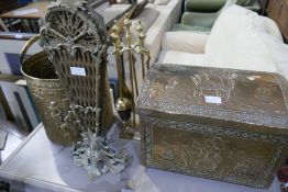 A brass tan fire screen and other brass ware