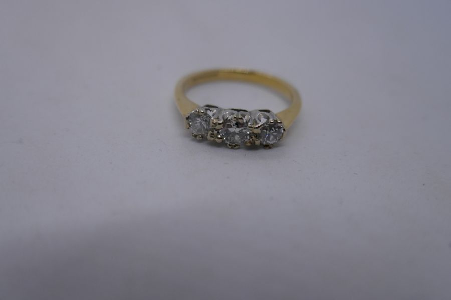 18ct yellow gold diamond trilogy ring, approx 0.5 carat combined, size O/P, marked 750, approx 3.4g - Image 8 of 8