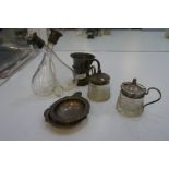 Silver topped glass items, with a small silver tankard, and other silver items, weight of silver app