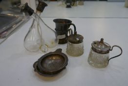 Silver topped glass items, with a small silver tankard, and other silver items, weight of silver app