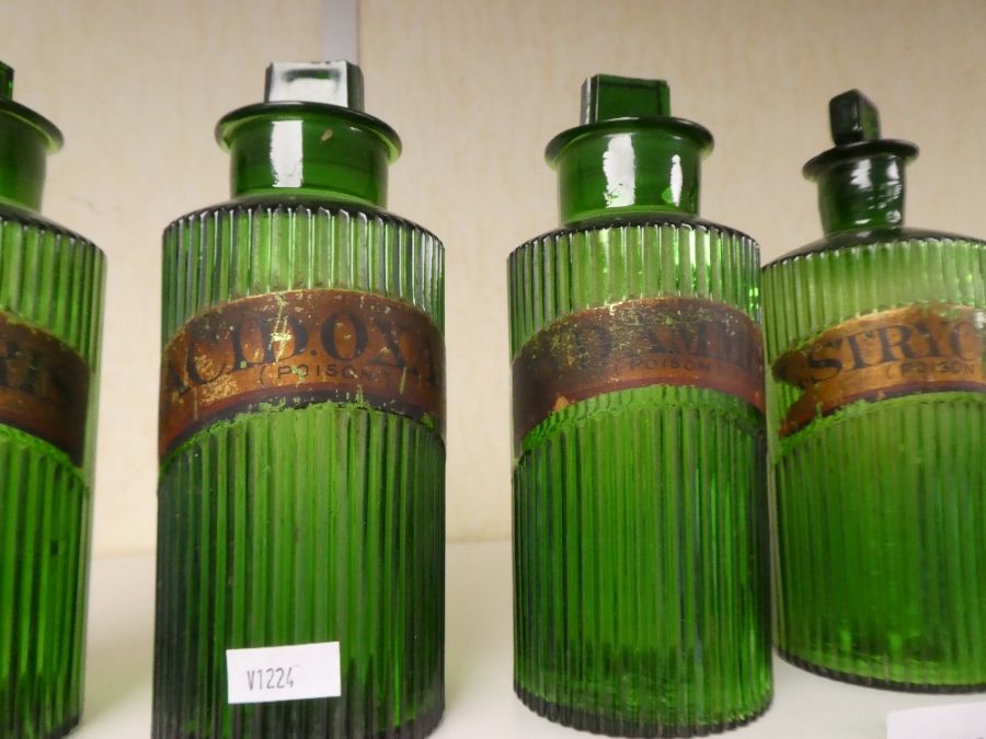 Five old green glass poison bottles and two others - Image 2 of 2