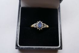 9ct yellow gold pale blue sapphire and diamond cluster ring, marked 375, 2g approx, size P
