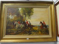 A large mid 20th century oil of a hunting scene, signed, 89 x 59cm