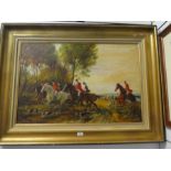 A large mid 20th century oil of a hunting scene, signed, 89 x 59cm