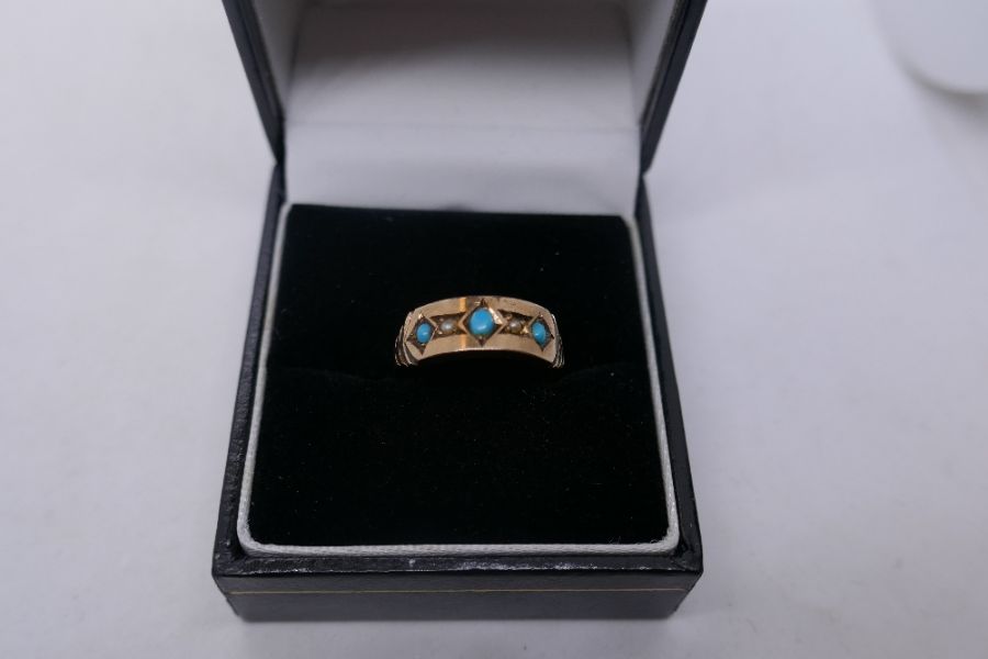 Antique 22ct yellow gold band ring inset with turquoise and seed pearls, marked 22, size L, 2g appro - Image 3 of 6