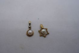 Two 9ct gold pendants, one set with a diamond chip and pearl and the other a single pearl, both mark