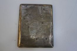 An interesting sterling silver cigarette case, with a map as decoration on the front, an