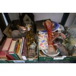 Two boxes of various collectables including clocks, brassware, books and china