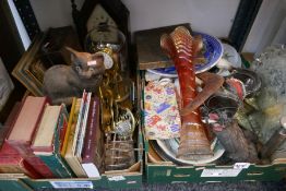 Two boxes of various collectables including clocks, brassware, books and china