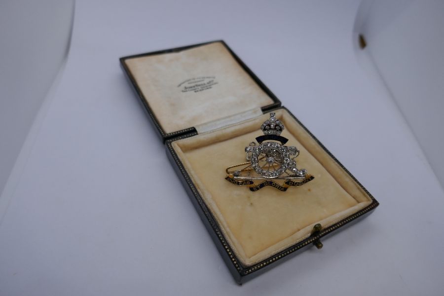 Of Military interest: a superb antique tooled leather cased, Royal Artillery Sweetheart brooch in ye - Image 8 of 15