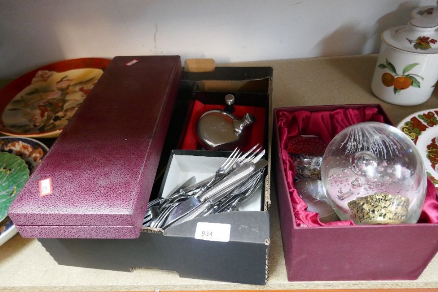 A selection of silver plated cutlery plus a selection of paperweights etc