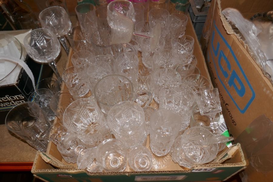 Two boxes of mixed crystal drinking vessels, tankards, wine glasses and two boxes of mixed china, gl - Image 4 of 5