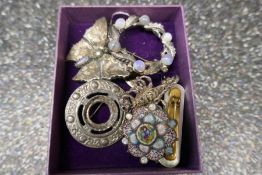 Collection of brooches to include silver RAF Sweetheart brooch, moonstone brooch, gold overlay butte