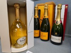 Veuve Clicquot, a twin box of champagne in card presentation box, a bottle of Bollinger and a bottle
