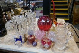 A pair of late Victorian clear glass lustres and other clear and coloured glass items