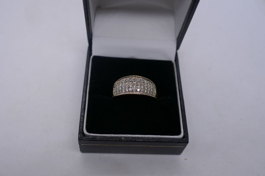 9ct contemporary band ring set with 4 rows of diamond chips, size Q, approx 3g, marked 375 - Image 6 of 6