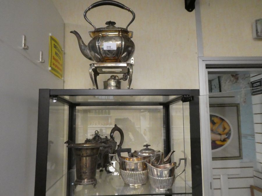 A Victorian silver plated kettle on stand and a Christoffel vase and sundry