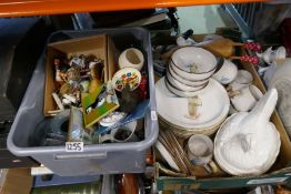 Three boxes of mixed china, glassware etc including studio pottery, glass bauble etc