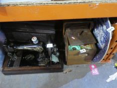 Vintage hand-cranked Singer sewing machine plus sewing box, and contents, and a blue and white platt