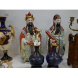 Two 20th century Chinese figures of bearded men - 33.5cm - and a pair of Cloisonne vases