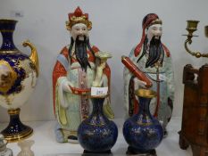 Two 20th century Chinese figures of bearded men - 33.5cm - and a pair of Cloisonne vases