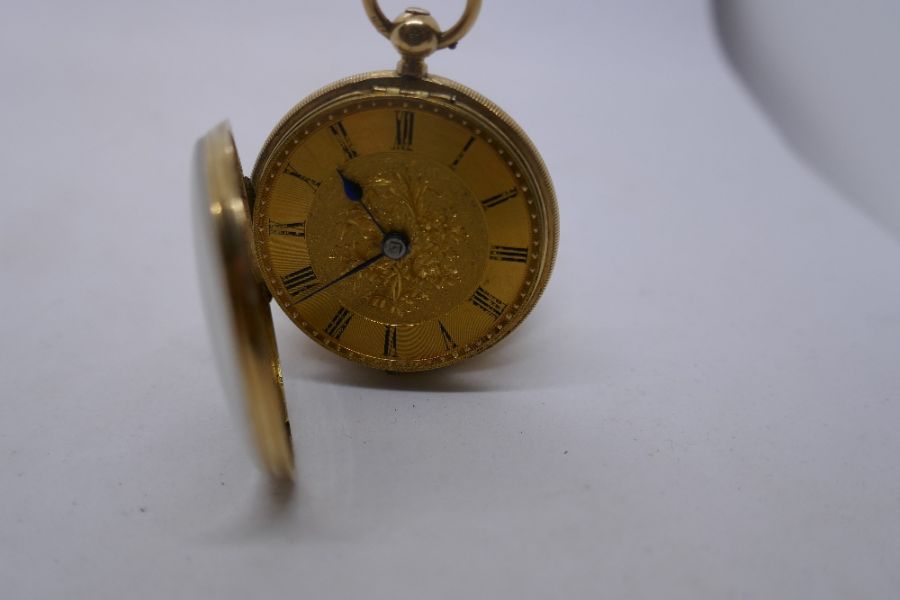 18ct yellow gold ladies fob watch with decorative engraved face, maker J Bell, London, number 16007, - Image 5 of 10